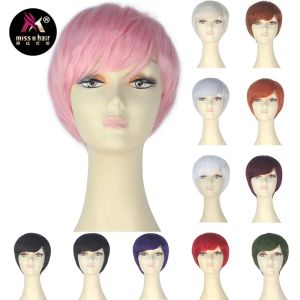 Parrucche Miss U Capelli Unisex Sintetici Corti Rettilinei Rosa Rosso Nero Viola Acconciature Parrucca per giochi di ruolo Costume Cosplay per feste Parrucca completa