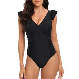 Roupa de banho feminina sexy com decote em v um pedaço maiô para mulher plissado ombro ruched monokini bodysuit cintura alta maiô beach wear