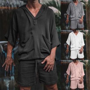 Men's Tracksuits 2024 Men Two Piece Set Casual Cotton Linen Solid Loose Outfits Summer Half Sleeve V-Neck Hooded T-Shirt And Shorts Suits