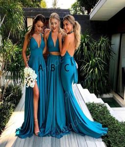 Muhteşem Şifon Damağı Mavi İki Parça Bölünmüş Vneck Nedime Elbise Formal Gece Elbise Özel Yapımı Düğün Konuk Gowns9006930