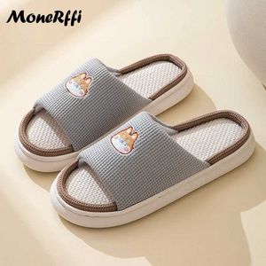 Terlik Yeni İnek Kadın Ayakkabı Yaz Ketenleri Kapalı Slip Non Slip Slip Slip Cartoon Sandalet Sandalet Ev Flip Flops Kaii Slaytlar Ladies0150ZT H240322LQKX H240322