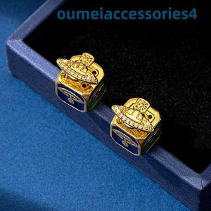 Designer Luxus-Markenschmuck Western Empress Dowagerring Ohrstecker aus Metall, Emaille, quadratisch, Saturn vorne und hinten, geometrische Nischenohrringe