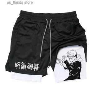 Pantaloncini da uomo Itadori Yuji Pantaloncini a compressione 2 in 1 per uomo Anime Jujutsu Kaisen Pantaloncini da performance Pantaloncini sportivi da basket con tasche Y240320