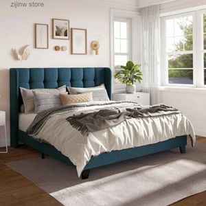 Other Bedding Supplies Large platform bed frame with wing back fabric decorative square splicing roof and wooden Flat noodles Y240320