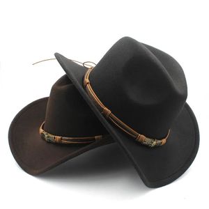 Mode Damen Herren Wolle Hohl Western Cowboy Hut mit Sonnengott Gürtel Cowgirl Jazz Toca Sombrero Pate Kappe Größe 56-58 cm 240314