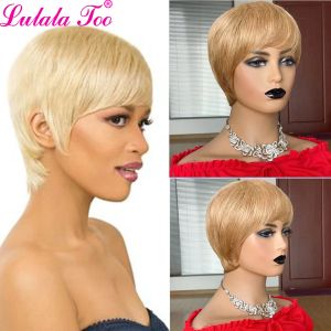 Wigs Color 27#/30#/99J Short Pixie Cut Wig Straight Human Hair Wigs With Bangs Brazilian Remy Hair Full Mahine Made Wigs