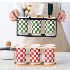 Storage Bottles Kitchen Items Containers Checkerboard Chopsticks Box Ceramic Draining Metal Rack