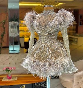 Luxury Beading Feather Short Cocktail Dresses High Neck See Thru Crystals Homecoming Dress With Long Flare Sleeves9684849