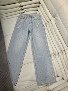 2024 Blue Free Frakt Straight Loose Women's Jeans Designer Beads Letter Brodery Women's Denim Pants 3219