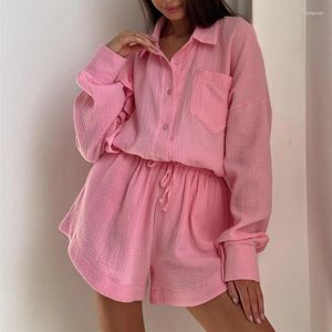 Mulheres Tracksuits Mulheres Algodão Linho Ruffle Manga Longa Camisa Shorts Set Outono Sólido Casual Home Single Breasted Blusa com Terno de Bolso