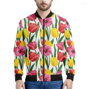 Jaquetas masculinas Colorido Tulip Gráfico Zipper Jaqueta Homens 3D Impresso Floral Moletom Mulheres Tops Cool Mangas Compridas Street Bomber Casaco