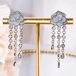 Stud Earrings QINHUAN Camellia Tassel Female Sterling Silver Rose Long Group Set Full Diamond Celebrity Dinner Jewelry