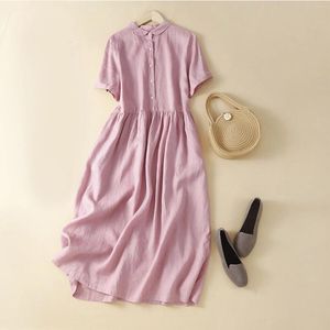 Casual Dresses Summer Women's Vintage Dress Lapel kortärmad mitten av temperamentet Litterär Long Streetwear Formal Dresse