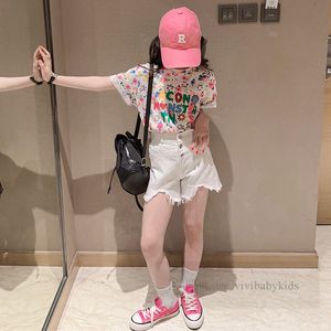 Old girls summer clothing sets big kids floral letter printed short sleeve T-shirt irregular shorts 2pcs 2024 fashion teenagers casual outfits Z7270