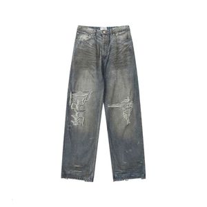 Calça jeans familiar aristocrática suja tingida B escondida, calça jeans folgada masculina e feminina