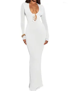 Casual Dresses Women's Bodycon Maxi Dress Solid Color Long Sleeve Low Cut Tie Up Evening Party