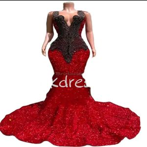 Luxe Mix Sequin Prom Dresses For Black Girls Sparkly Mermaid Plus Size Evening Gowns Red With Black Diamond Beaded Birthday Dress Formal Vestios De Fiesta 2024 Noche