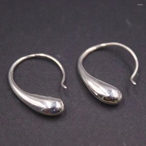 Hoop Earrings Real Solid 925 Sterling Silver Dangle Women Lucky Glossy Curved Water Drop Circle