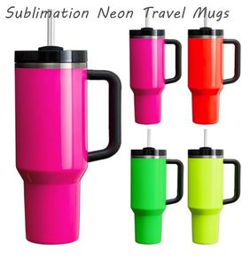 Neon Color 40oz Reusable Tumbler Fluorescent Paint Quencher Tumblers with Handle and Straw Stainless Steel Insulated Travel Mug Tumbler DIY Same Logo