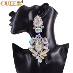 Earrings CUIER Heavy Glass Strass Crystal Dangle Long Earring for Drag Queen Women Wedding Jewelry Clip on Huge Size Stage Accessories