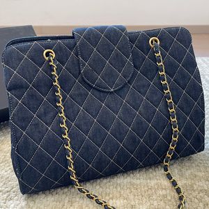 Women Fashion Large Crossbody Designer Bag Tote French Brand Luxury Diamond Pattern Double Letter Shoulder Bag High Quality Gold Chain Blue Color Canvas Travel Bag