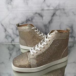 Casual Shoes Fashion Luxury High Top Men Trainers Driving Spiked Gold Glitter Genuine Leather Wedding Rivets All Crystal Flats Sneakers