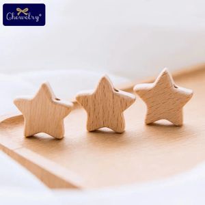 Necklaces 25mm 50pc Baby Wooden Teether Beads With Holes Beech Wooden FivePointed Star Beads DIY Nursing Necklace Bracelet Children Goods