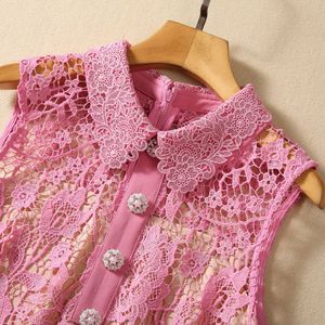 Roupas femininas europeias e americanas 2023 outono novo sem mangas lapela renda recorte bolso moda vestido rosa