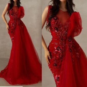 Vestidos de baile vermelhos 3d apliques florais sheer o pescoço mangas curtas vestidos de noite feitos sob encomenda vestido de festa de lantejoulas