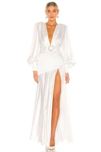 Sexy White Evening Party Dress 2024 V-neck Long Puffy Sleeves Silt Silk Satin Formal Prom Gowns Celebrity Wear Robe De Soiree Vestidos De Feast