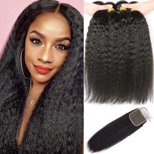 New With Kinky Closure 12A Brazilian Unprocessed Yaki Straight Human Hair Bundles HD Lace Frontals 4 Bundle Deals Wigs