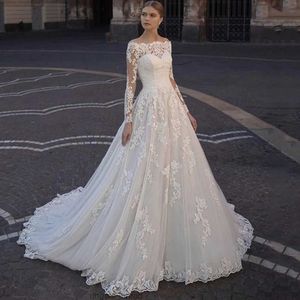 Elegant Boat Neck White Wedding Dress Long Sleeve A-Line Button Luxury Lace Appliques Bride Gown Tulle Sweep Train