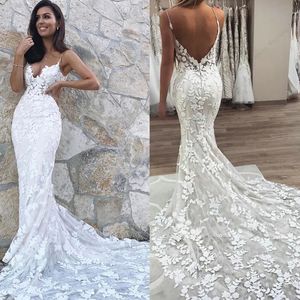 Mermaid Bohemian Lace Wedding Dresses Sexy Backless Spaghetti Long Boho Beach Bridal Gowns Appliques Summer Bride Dress