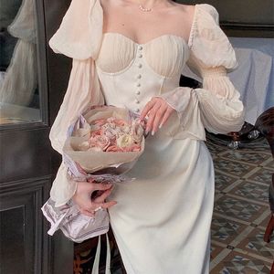 Vintage kobiety moda elegancka puff rękawa midi gorset maxi sukienki