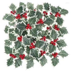Dekorativa blommor 60st konstgjorda Holly Berry med gröna blad röd tallkotte för jularrangemang hantverk bröllopsfest