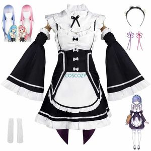 cosplay anime kostümleri RAM/REM rol yapma Re sıfır Kara Hajimeru Isekai Seikatsu Uzun Peruk Başlık Oyuncu Partisi Set Anime Maid Dressc24321