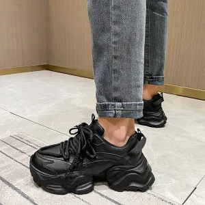 Män kvinnor chunky sneakers casual skor plattform rund tå tjock sula snörning damtränare svart vit äkta läder syntetiska lapptäcke damer hösten aa040