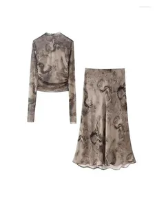 Sukienki robocze Vintage Tulles Print Bluzka Top Spirt Suit for Women Summer Mesh Slim Slim Spódnice 2 -części