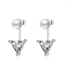 Stud Earrings Novelty Triangle Cubic Zircon With Freshwater Pearl 2 Parts For Women Girls 925 Sterling Silver Needle Party