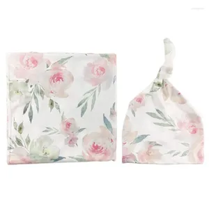 Coperte 2 pezzi Born Floral Swaddle Wrap Fascia per capelli Set Neonati in cotone Coperta per sacco a pelo Fascia per capelli