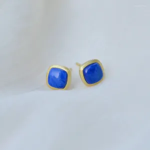 Dingle örhängen naturlig Hetian Jade Lapis Lazuli Square Stud S925 Sterling Silver Blue Chalcedon Simple All-Matching