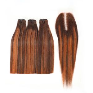 Wigs Super Double Draw Bone Straight Human Hair Bundles with Closure HD 2x6 Lace Kim K Honey Brown Color Vietnam Raw Hair Bundles