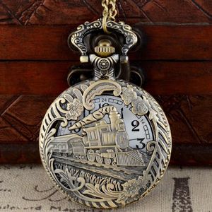 Bronze Hollow Train Theme Full Quartz Engraved Fob Retro Pendant Pocket Watch Chain Gift Fire Fighter Theme250Z