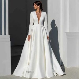 Long Sleeves A Line Satin Wedding Dress Sexy Boho V Neck Bridal Gowns Vestidos De Novia Beach Dresses Covered Buttons Women Brides