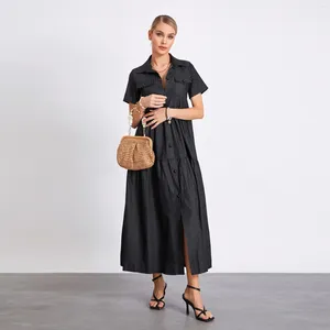 Casual Dresses Puloru Vintage Plus Size Swing Jeans Dress Women's Summer Kort ärm Slå ner krage-knappen Front Löst a-line denim