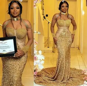 Size Plus Arabic Aso Ebi Gold Luxurious Mermaid Prom Dresses Sheer Neck Beaded Sequined Evening Formal Party Second Reception Gowns Dress