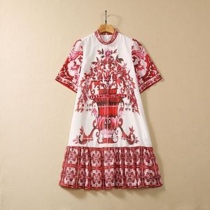 European and American women's clothing 2023 autumn new Stand collar Five-quarter sleeve beaded court print Fashion dress XXL