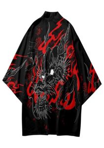 Ubranie etniczne Japońskie Summer Black Dragon Printed Samurai Men Men Cardigan Shirt Bluzka Yukata Haori Obi Kimono i spodni setethnic4931670