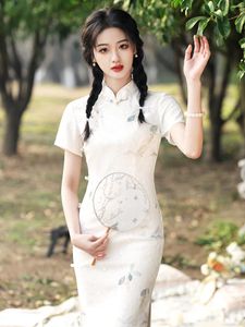 Etnisk kläder ung dam stil full blomma bomull lång cheongsam vår och sommar daglig bärbar elegant klänning