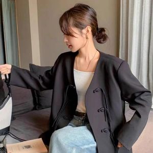 Women's Suits Woman's Winter Chinese Style Buckle National Wind Blazers Retro Casual Solid Color Loose V-neck Tassel Blazer Coats